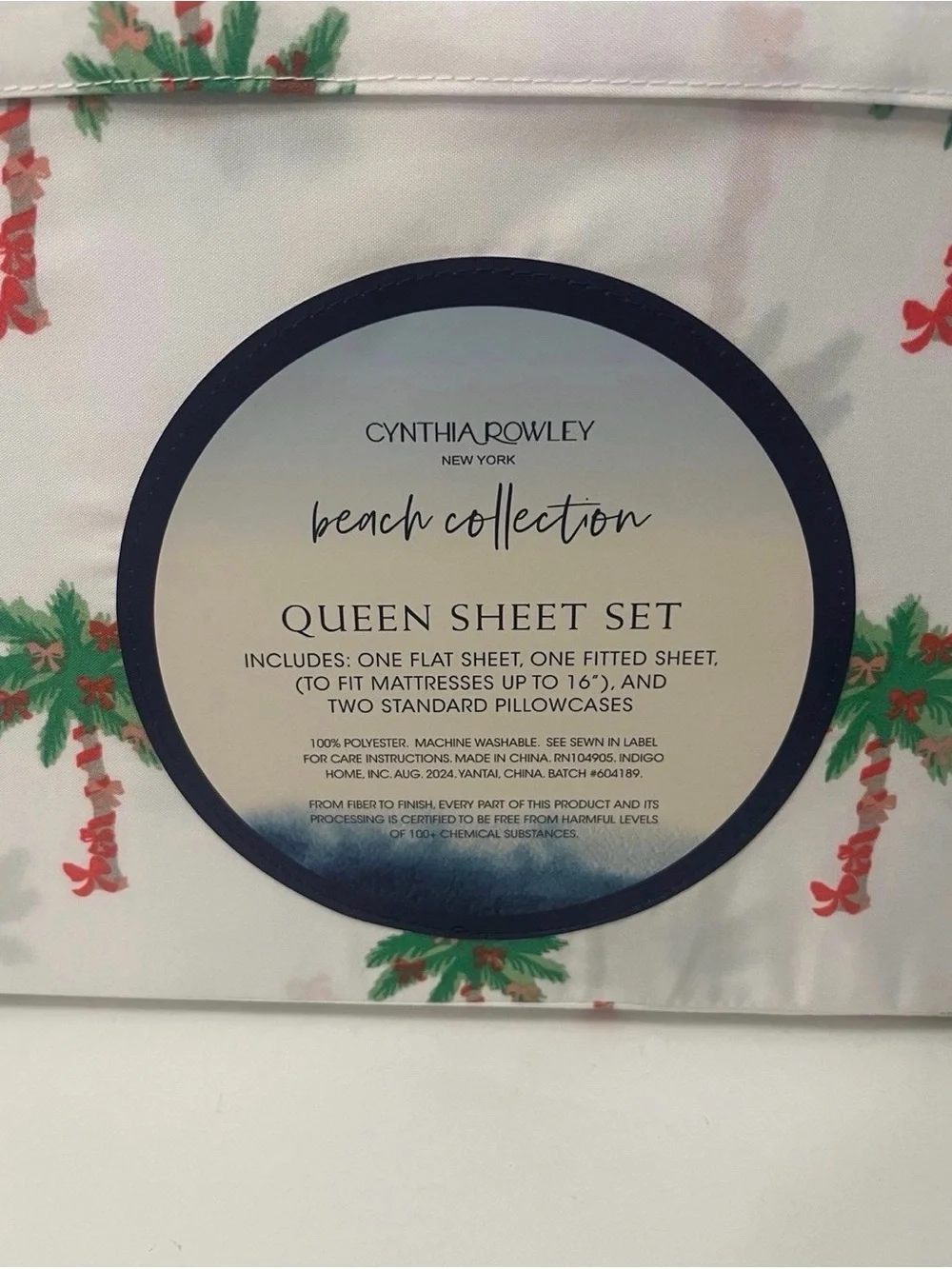 Cynthia Rowley Beach Collection Queen Size Sheet Set Bows on Palm Trees